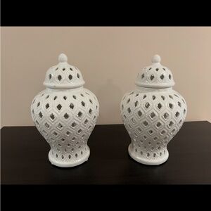 Elegant White Ceramic Lattice Jars